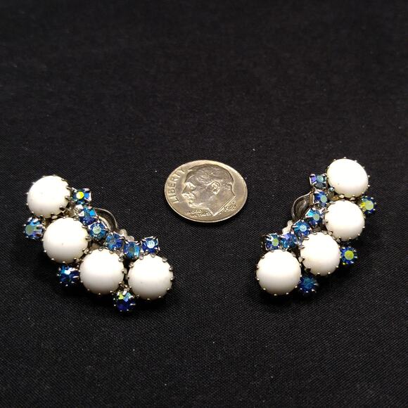 Weiss Aurora Borealis Blue Rhinestone Clip Earrings, White Milk Glass Cabochons - Picture 8 of 10